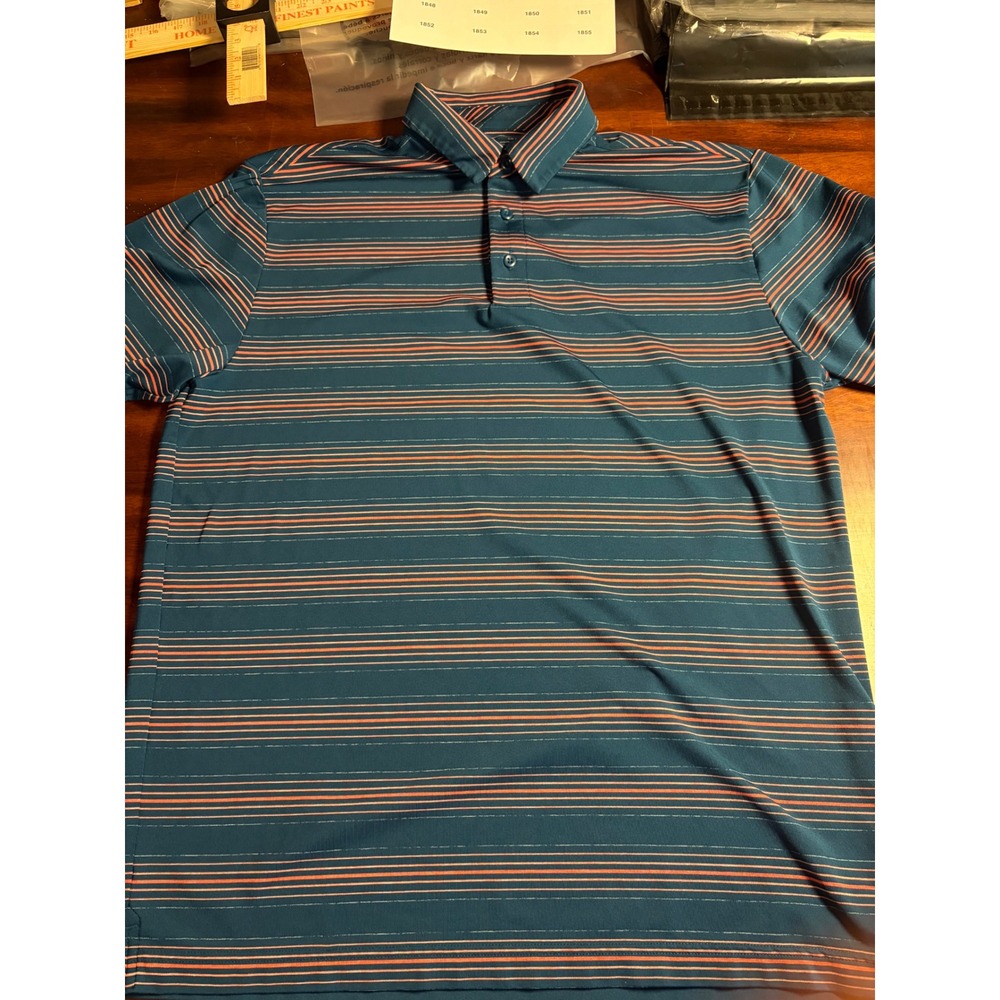 Under Armour HeatGear Mens Large Loose Fit Polo Shirt Striped Teal Blue Orange